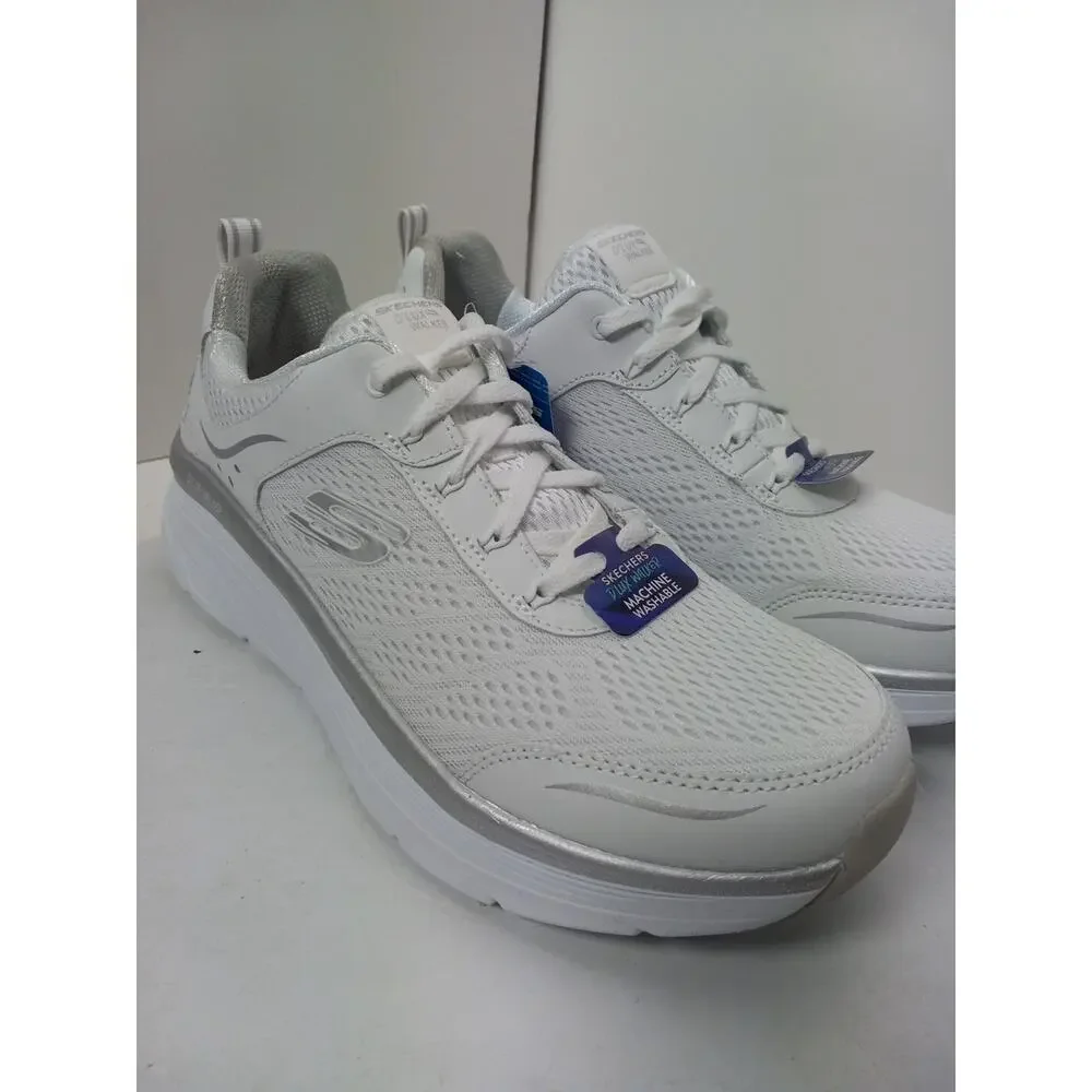 Skechers D'Lux Walker Infinite Motion White Silver Mesh Lace Shoes Womens Sz 11